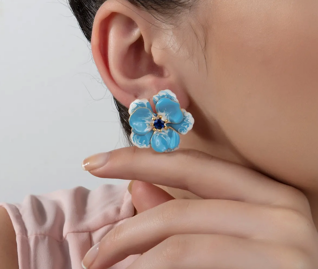 Milou Light Blue & White Viola Flower Earrings | Maison Orient