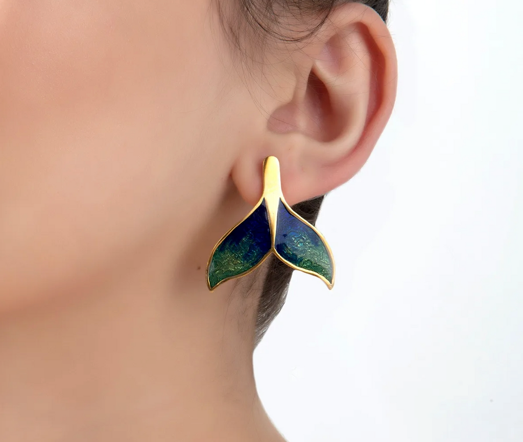 Milou Green & Navy Blue Whale Tail Earrings | Maison Orient