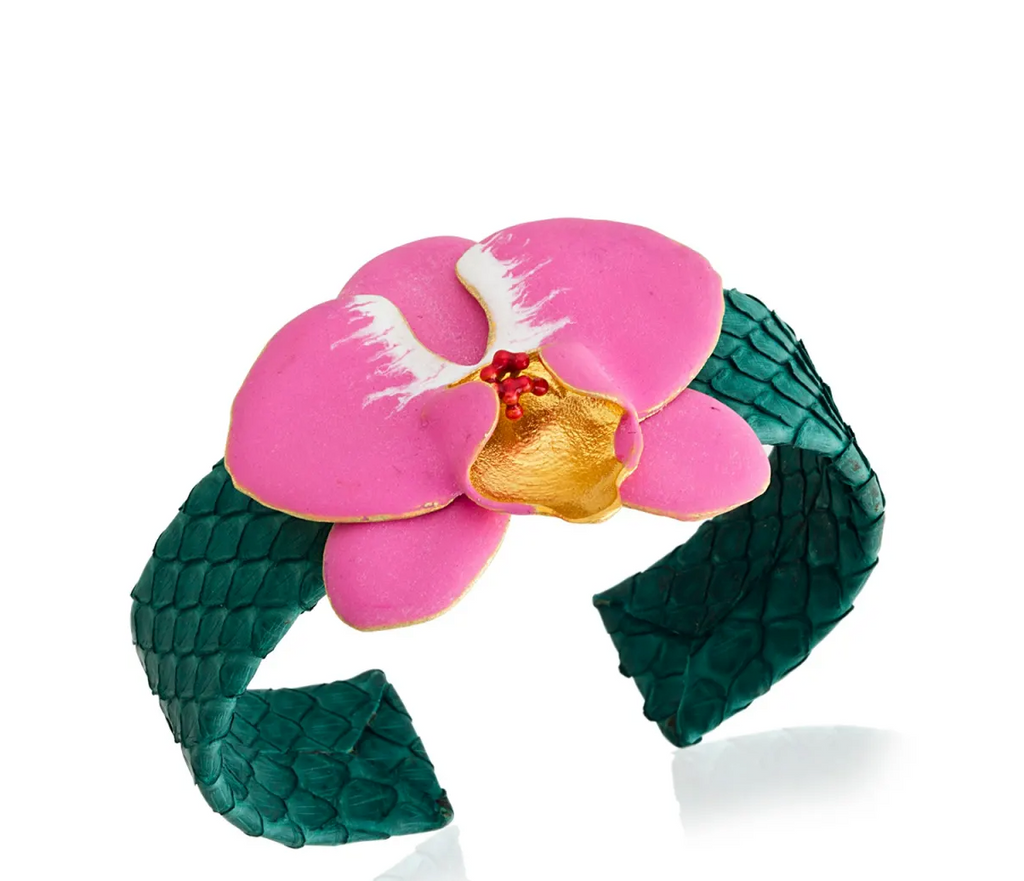 Milou Fuchsia Pink Orchid Flower Green Leather Cuff Bracelet | Maison Orient