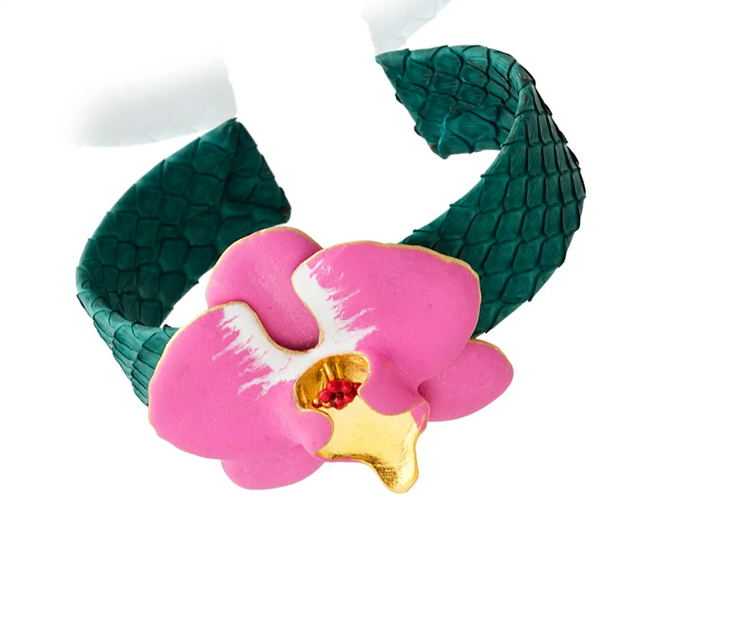 Milou Fuchsia Pink Orchid Flower Green Leather Cuff Bracelet | Maison Orient