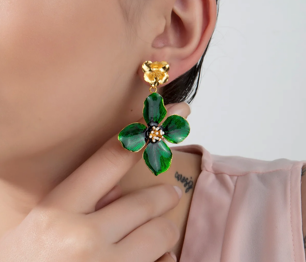 Milou Gold & Green Flower Drop Earrings | Maison Orient