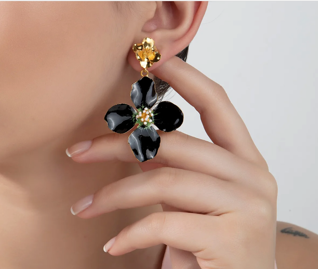 Milou Gold & Black Flower Drop Earrings | Maison Orient