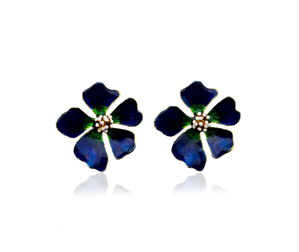Milou Wild Rose Flower Earrings - Navy Blue & Green | Maison Orient