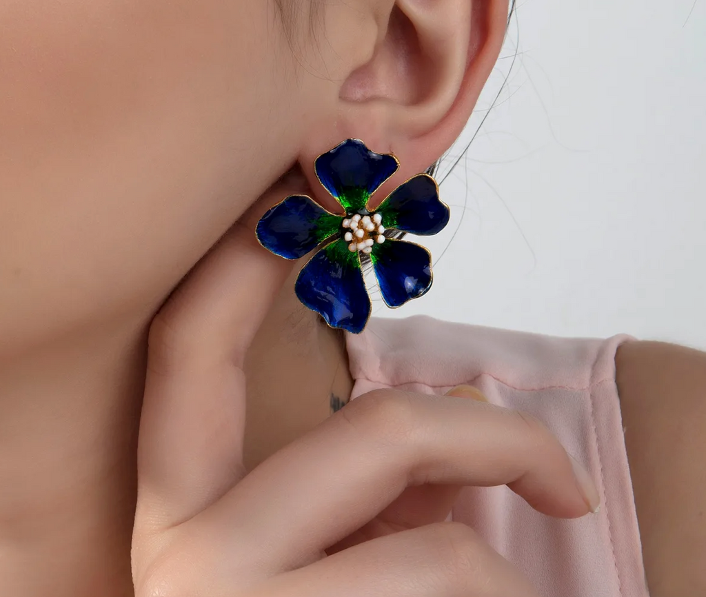 Milou Wild Rose Flower Earrings - Navy Blue & Green | Maison Orient