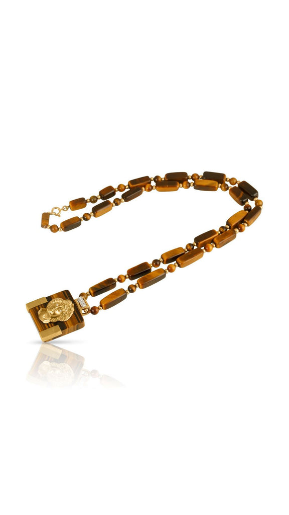 Tiger eye and gold articulated portrait necklace | Maison Orient