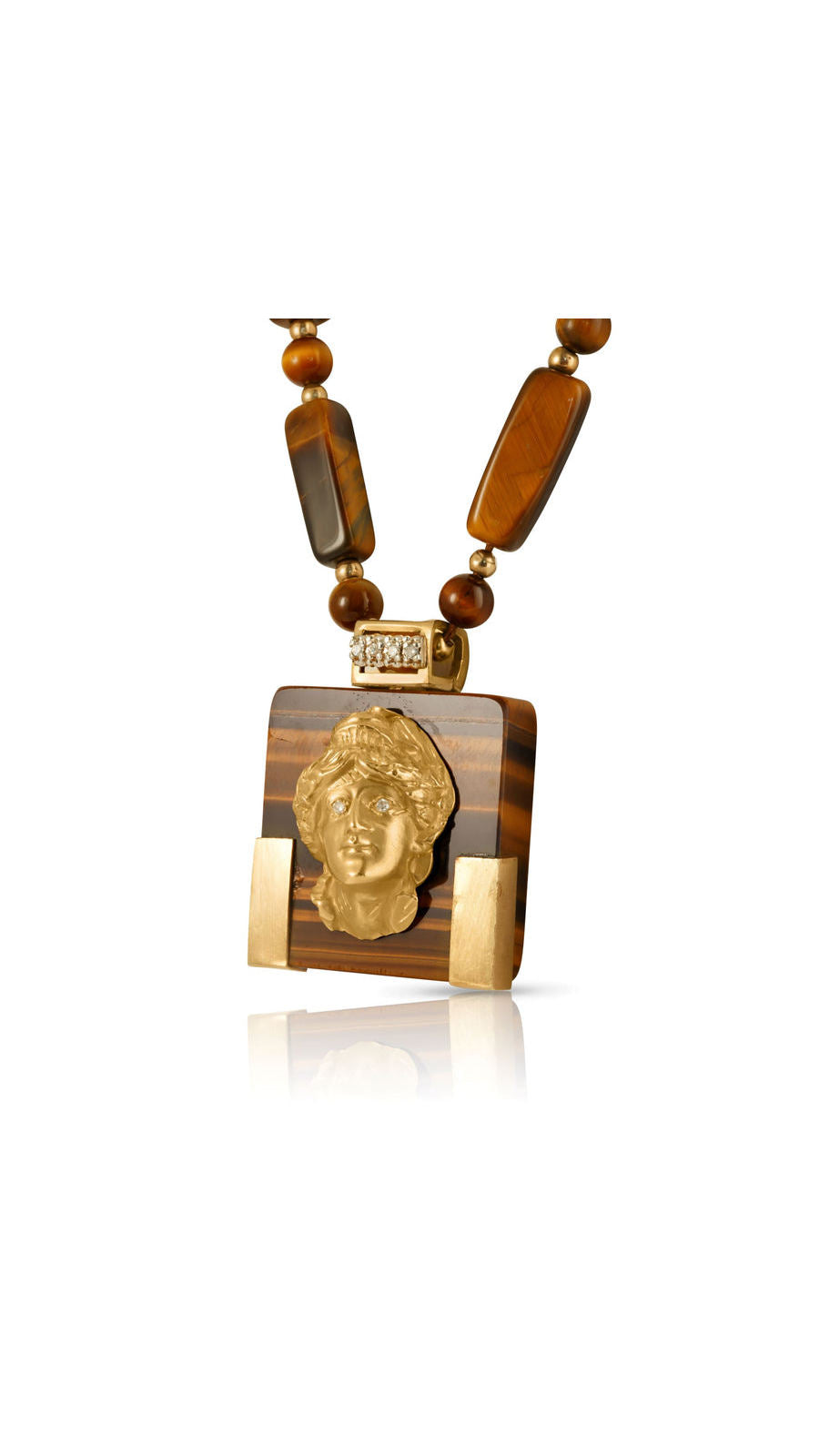 Tiger eye and gold articulated portrait necklace | Maison Orient