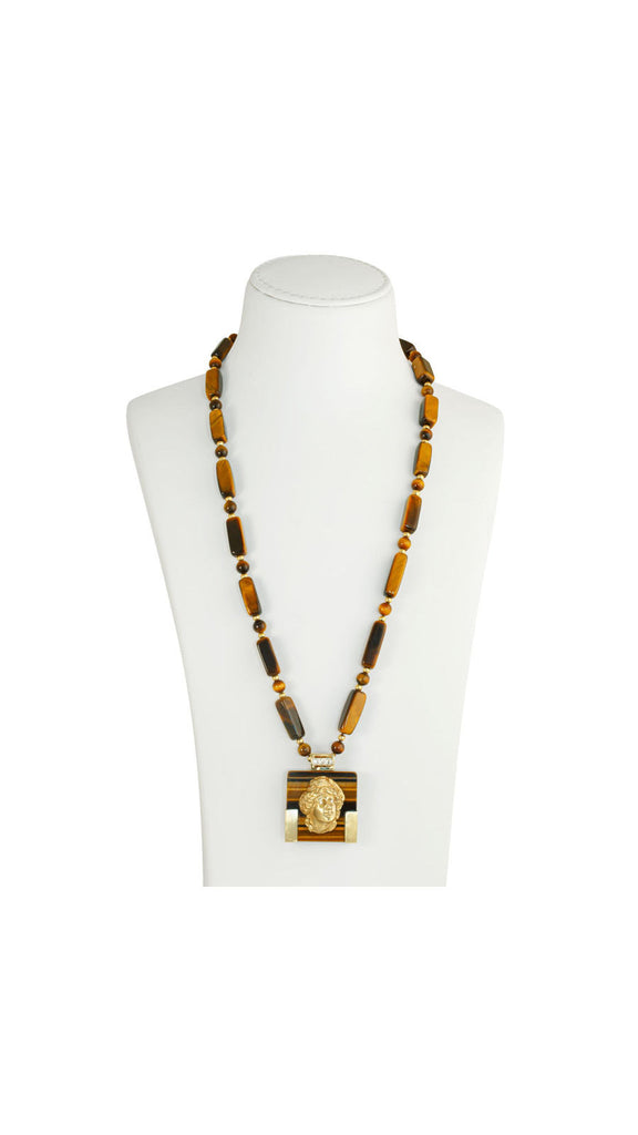 Tiger eye and gold articulated portrait necklace | Maison Orient