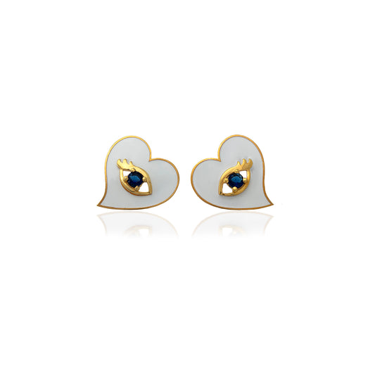 White Heart Earrings With Evil Eye | Maison Orient