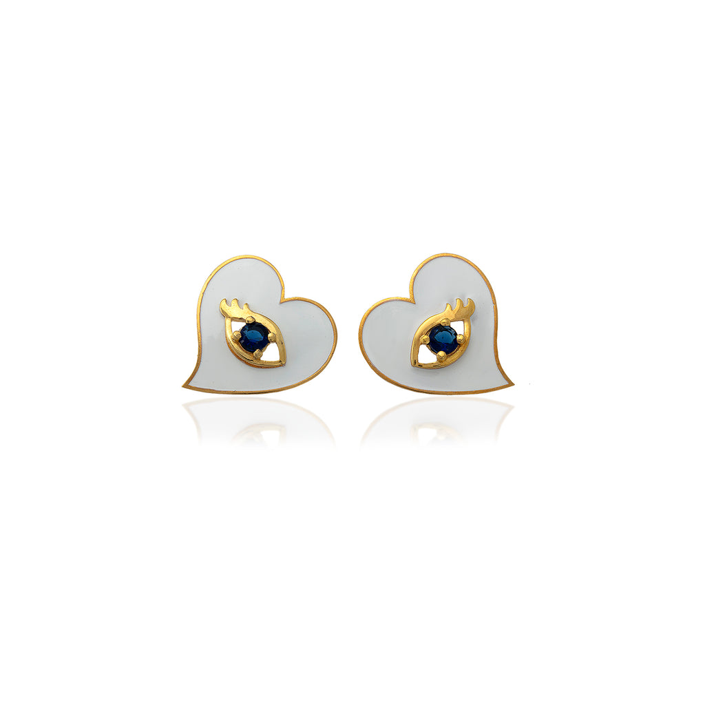 White Heart Earrings With Evil Eye | Maison Orient
