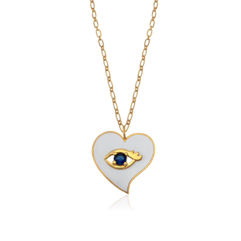 White Heart Pendant Necklace With Evil Eye | Maison Orient