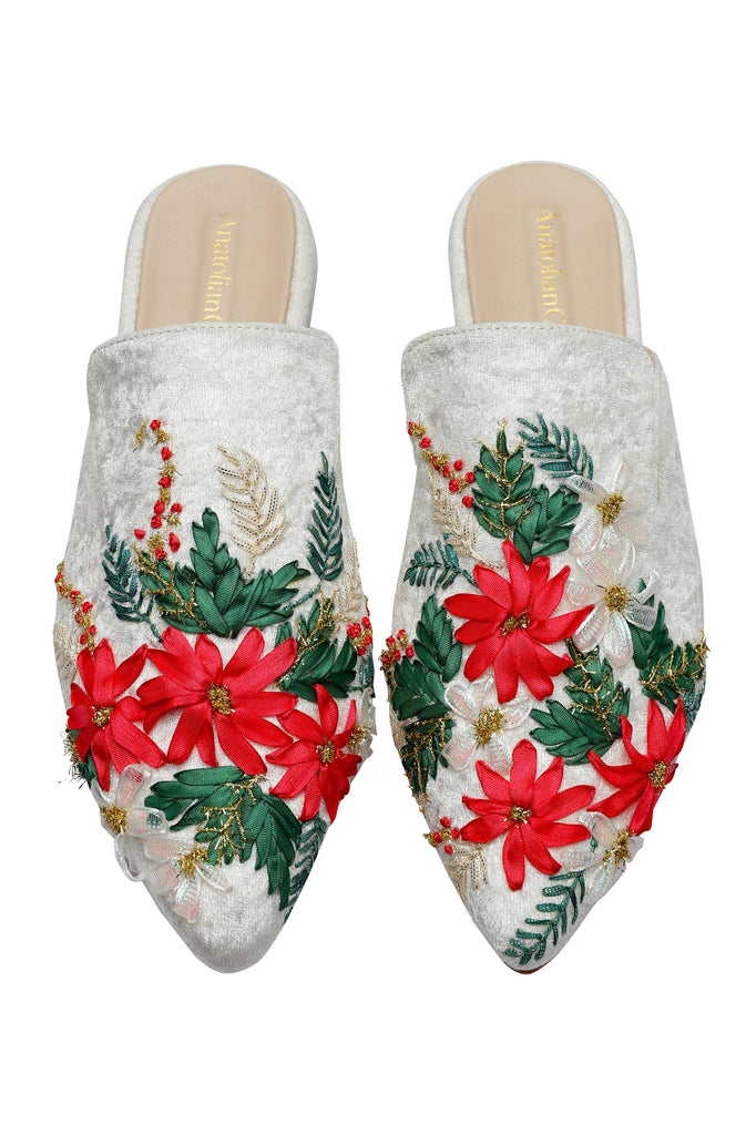 Cyclamen Hand Embroidered Designer Mules | Maison Orient