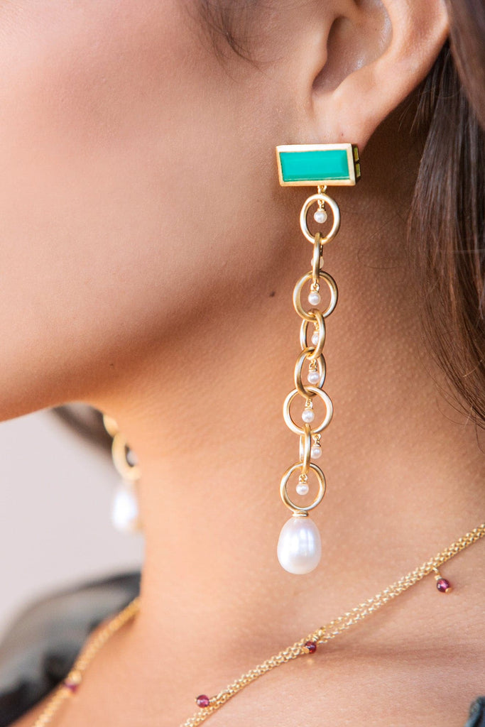 Ammanii Drop Links Earrings Vermeil Gold with Chrysoprase and Pearls | Maison Orient