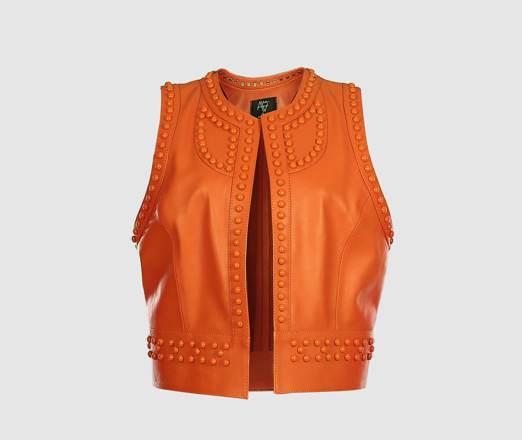 Yin Yang Studded Leather Vest Orange | Maison Orient