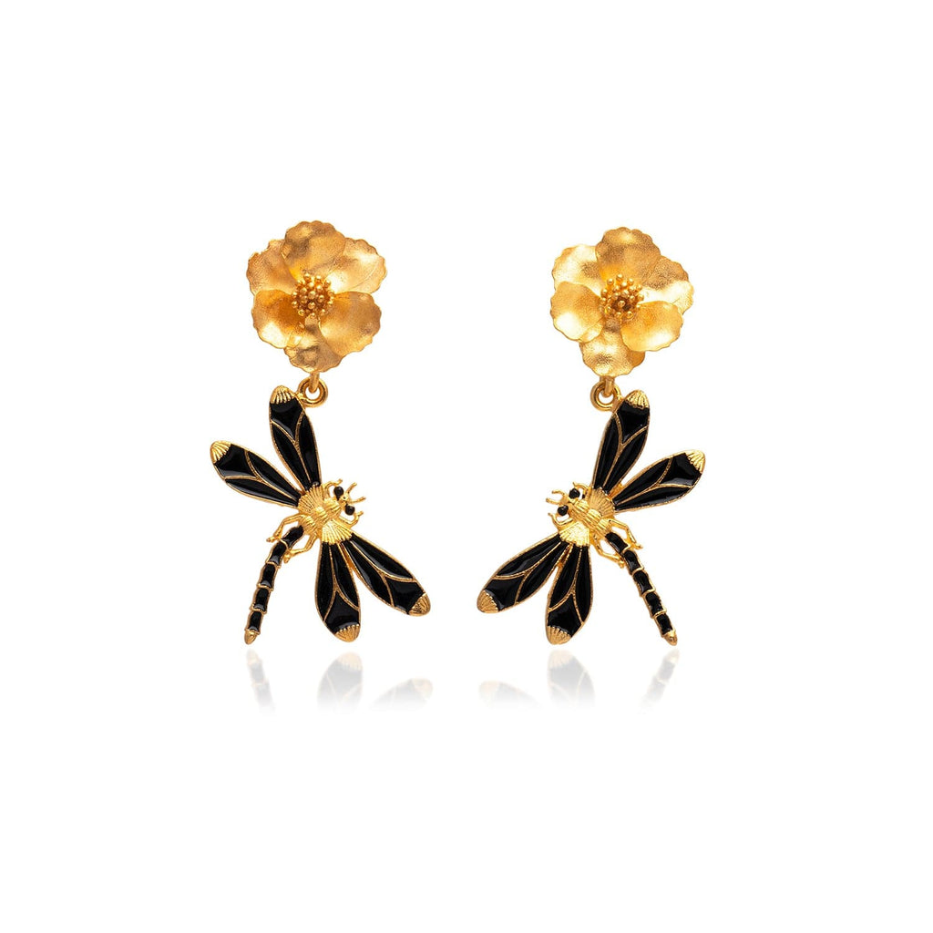 Black Dragonfly Dangle Flower Earrings - Maison OrientMilou JewelryMaison OrientEarrings
