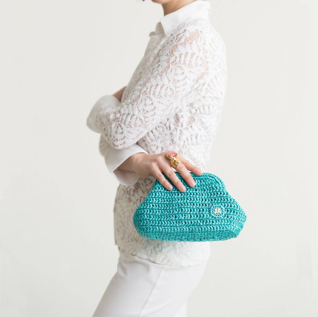 CAMILLE IN VERDIGRIS RAFFIA - Maison OrientJIMBAMaison OrientClutch Bags
