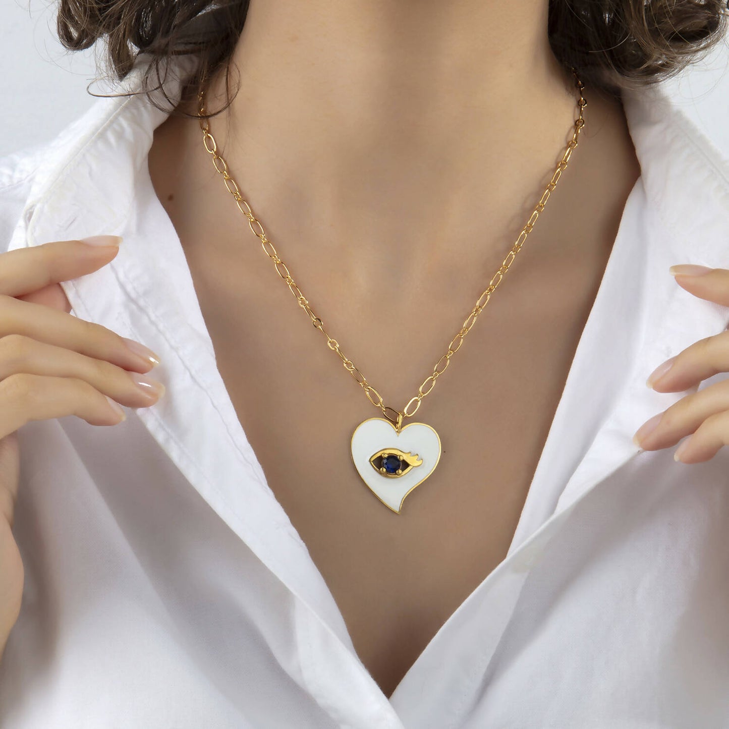 White Heart Pendant Necklace With Evil Eye