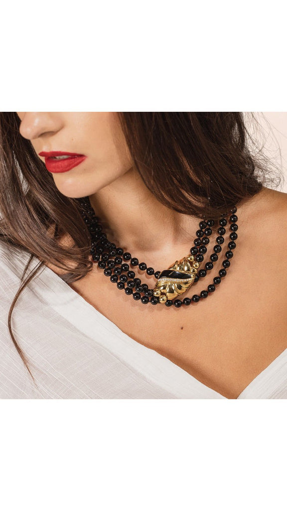 Double Strand Black Onyx Necklace And 18K Diamond Clasp - Maison OrientYazJewelsMaison OrientNecklaces