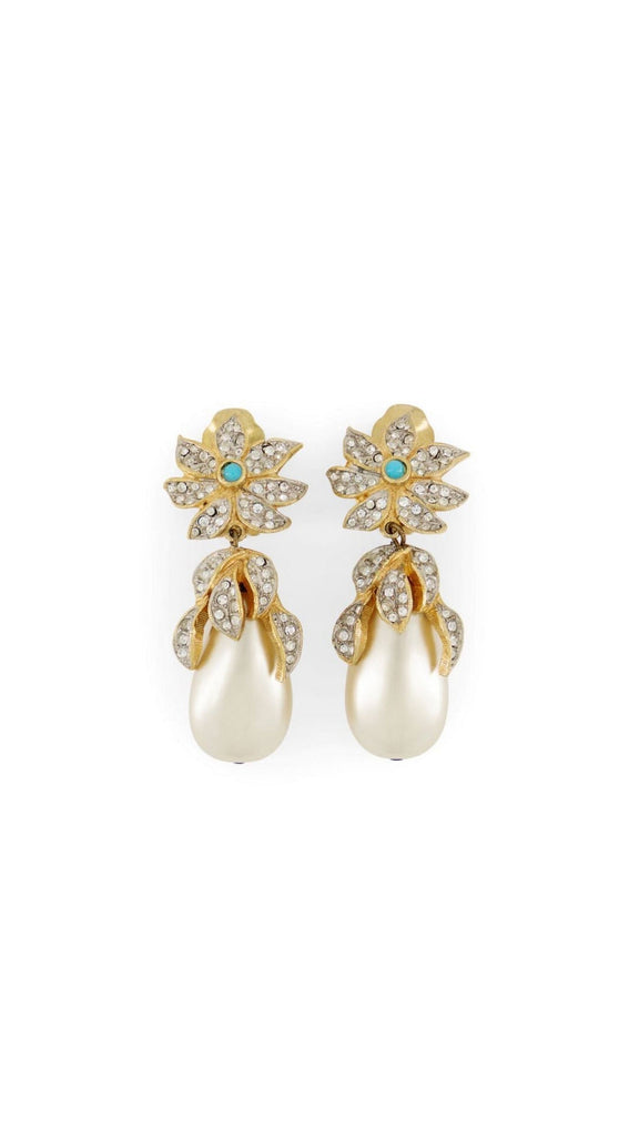 Kenneth Jay Lane Baroque Pearl With Turquoise Center Flower Drop Earrings - Maison OrientYazJewelsMaison OrientEarrings