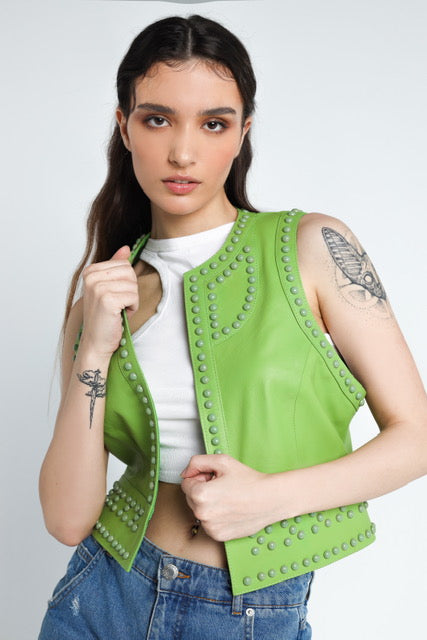 Yin Yang Studded Leather Vest Lime Green