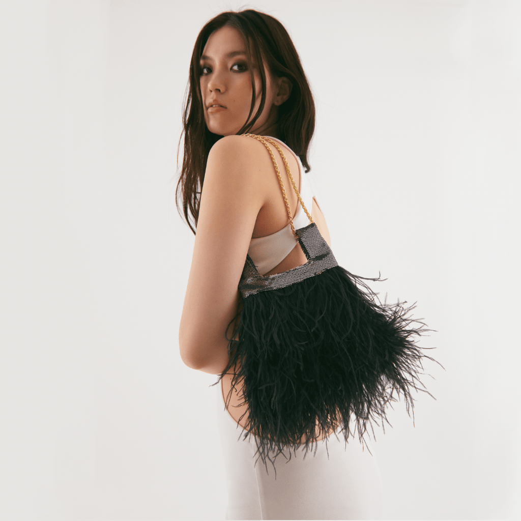 Micro Ines In Slate Gray Sequin With Feather - Maison OrientJIMBAMaison OrientMini Bags
