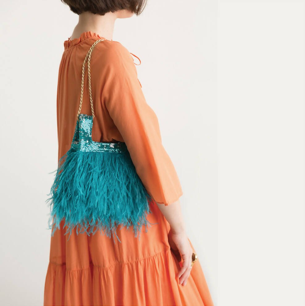MICRO INES IN VERDIGRIS SEQUIN WITH FEATHER - Maison OrientJIMBAMaison OrientMini Bags