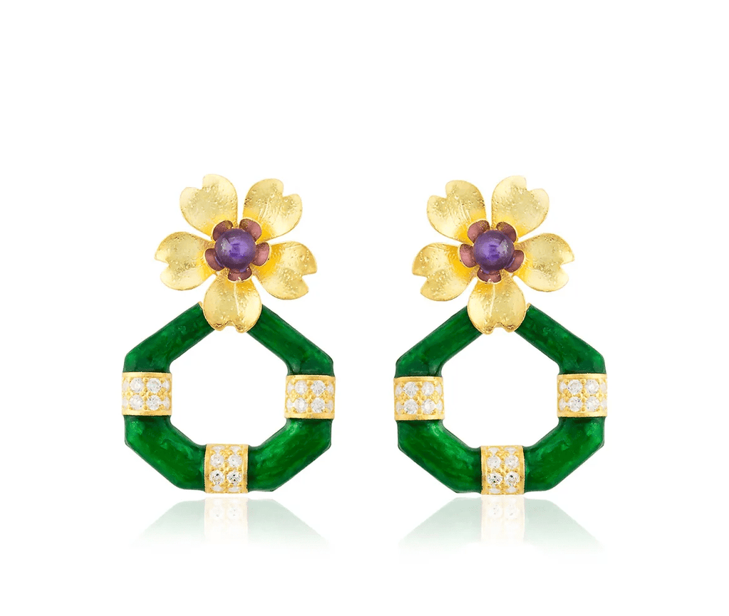 Milou Gold Flower & Geometric Drop Earrings - Green - Maison OrientMilou JewelryMaison OrientJewelry