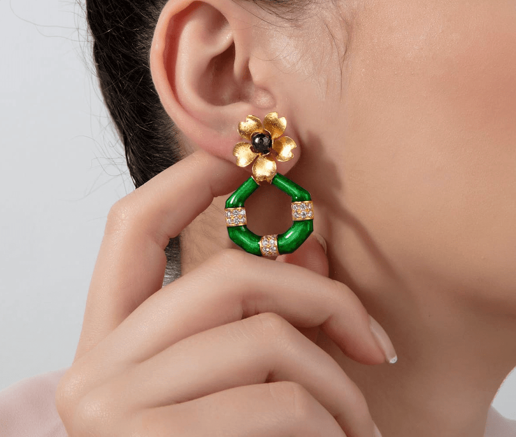 Milou Gold Flower & Geometric Drop Earrings - Green - Maison OrientMilou JewelryMaison OrientJewelry