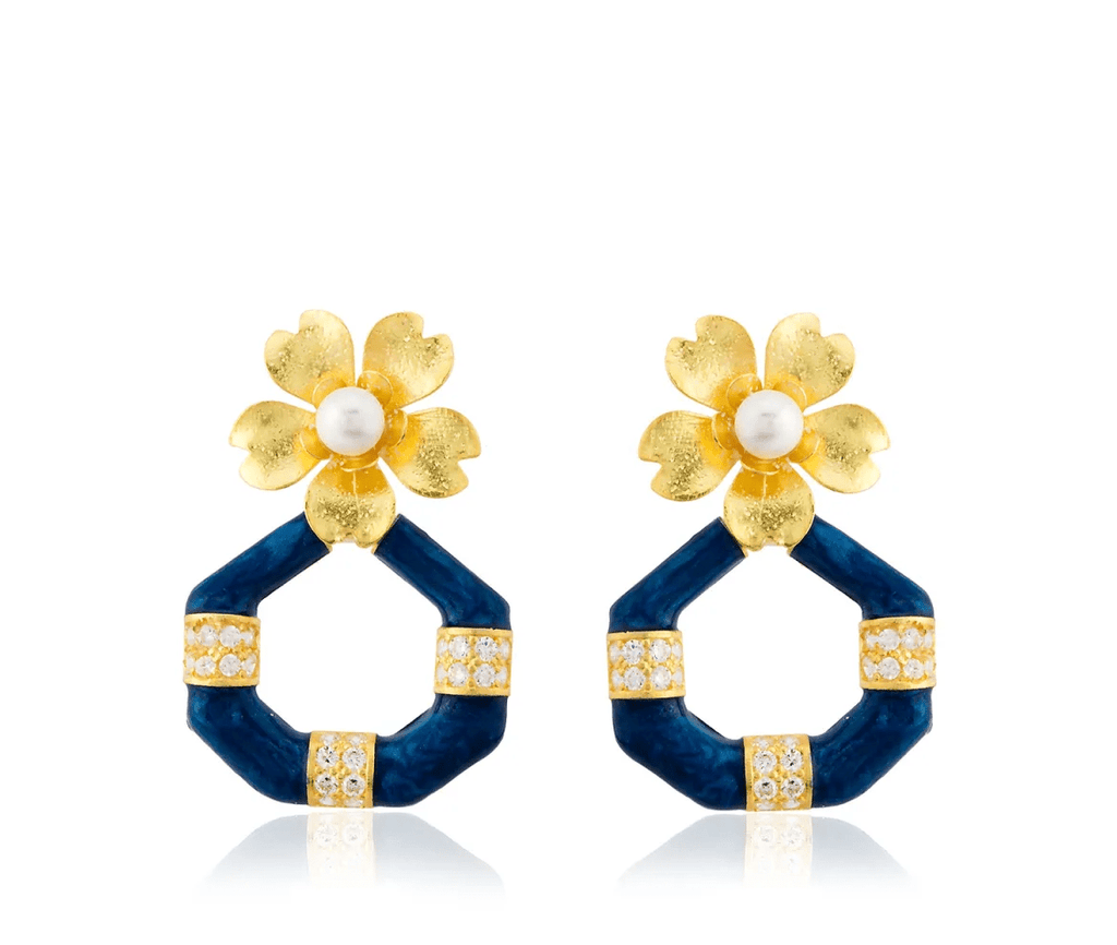 Milou Gold Flower & Geometric Drop Earrings - Navy Blue - Maison OrientMilou JewelryMaison OrientJewelry