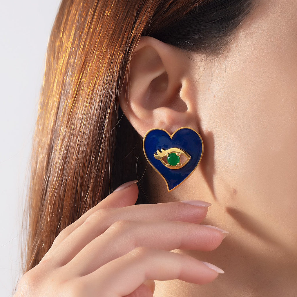 Navy Blue Heart Earrings With Evil Eye - Maison OrientMilou JewelryMaison OrientEarrings