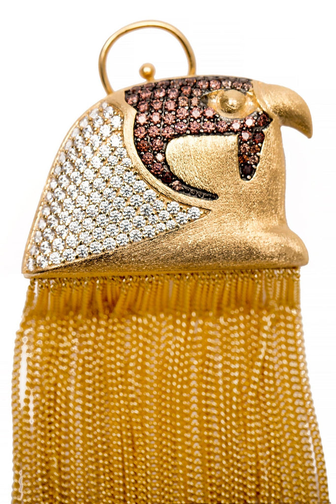 Ammanii Head Of Horus Statement Earrings Vermeil Gold with Long Tassels | Maison Orient