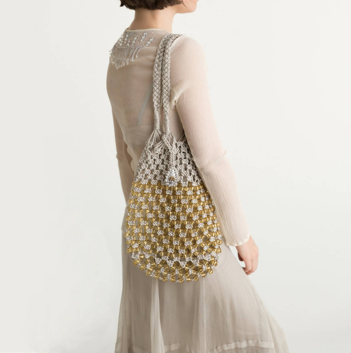 STELLA IN GOLD MACRAME BEADED BAG